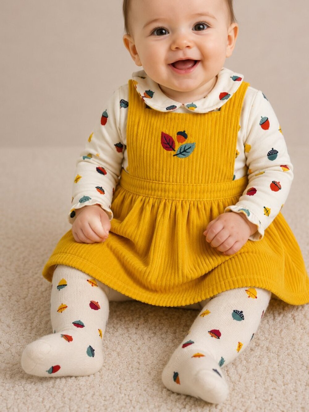 Wonder Nation 3 Pc Set, 3-6M Mustard Corduroy Pinafore Dress Top Tights NWT Baby